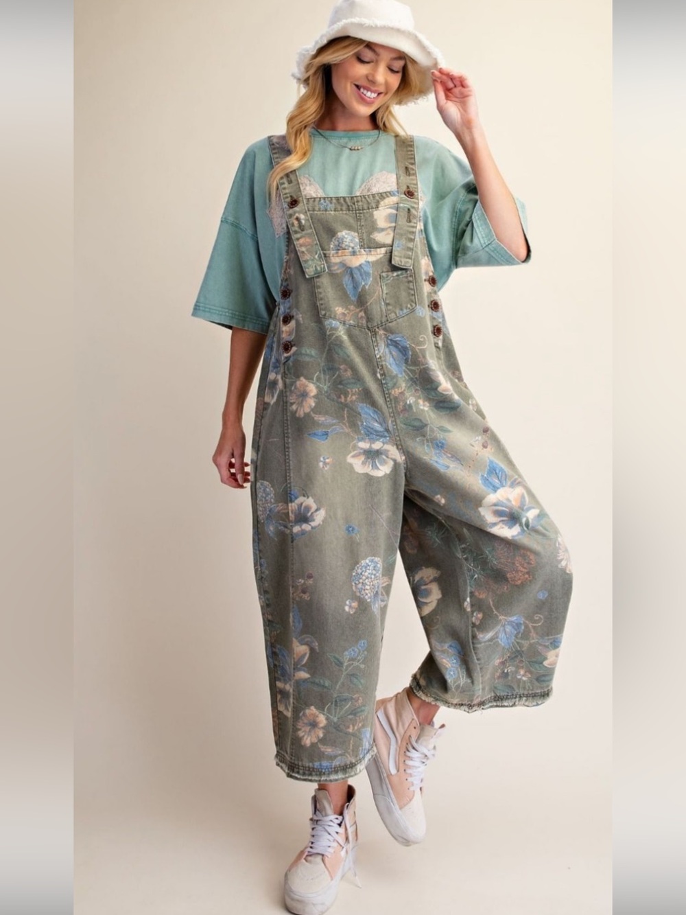433 EASEL FLOWER PRINTED WASHED DENIM OVERALLS